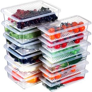 Meanplan 12 Packs Food Storage Containers for Fridge Plastic Refrigerator Organizers with Removable Drain Plate and Lid Stackable Produce Containers to Keep Fruits, Vegetables, Meat