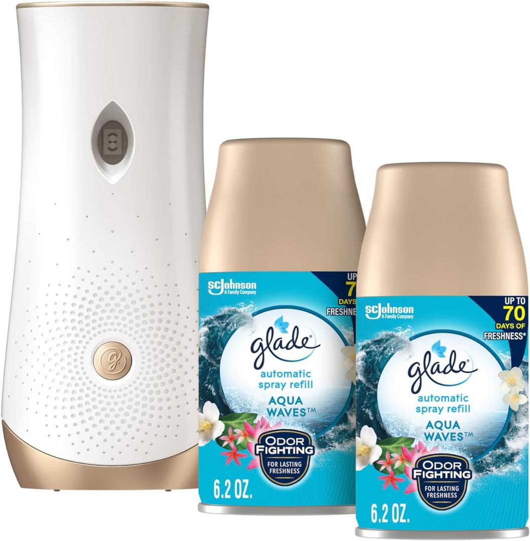 Glade Automatic Spray Refill and Holder Kit, Air Freshener for Home and Bathroom, Aqua Waves, 6.2 Oz, 2 Count