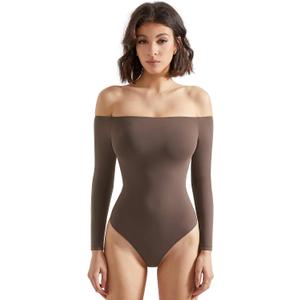 SUUKSESS Women Off the Shoulder Long Sleeve Bodysuit Double Lined Thong Bodysuit (Brown, M)