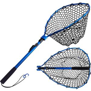 Foldable Rubber Fishing Net with Handle 37 47 Red Blue Telescoping Fish Net - Adjustable Length Lightweigh Collapsible Extendable Fishing Net (1-section pole|net depth 30cm|length:37.4")