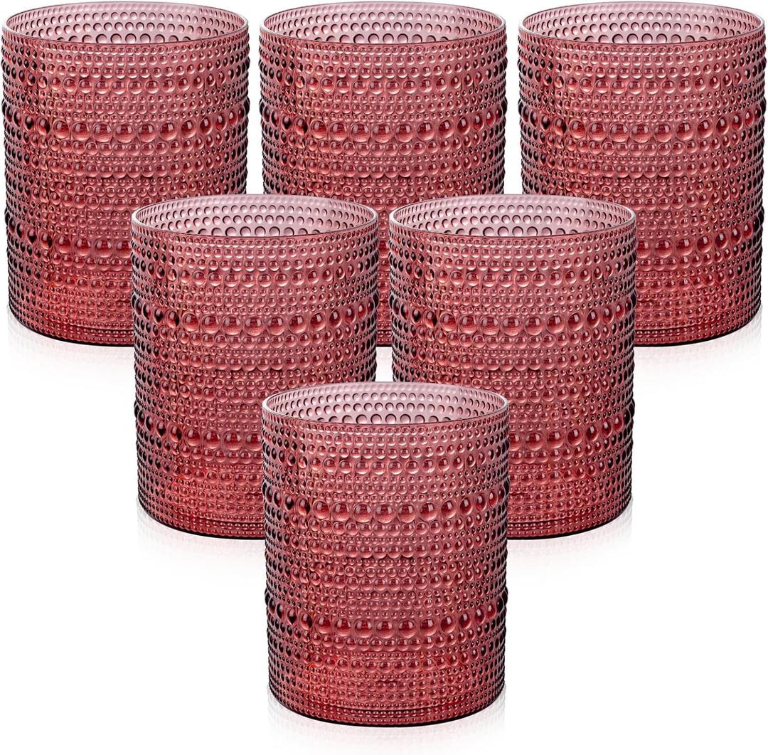 Joyido 18PCS Plastic Hobnail Drinking Glasses - 14 Oz Burgundy Vintage Glasses Drinkware - Disposable Beaded Cups for Beer, Whiskey, Juice, Cocktail, Wine, Party (3.93 inch*3.14 inch)