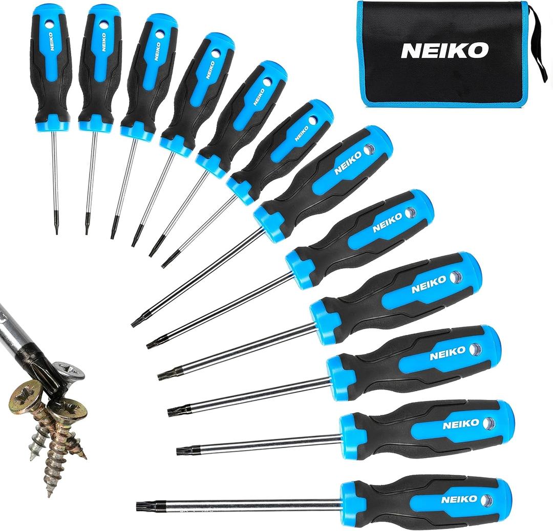 NEIKO 01377A Magnetic Torx Screwdriver Set | 12 Piece | T5  T40 | 6 Point Star Head Driver | Heat Treated Chrome Vanadium Steel | Non Slip Cushioned Handle Grip | Magnet Bit Tip | Carrying Pouch