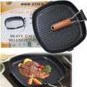 Nonstick Grill Pan with Folding Handle, 11in/ 28cm Lightweight Grill Pan for Stove Tops, 1.76lbs Versatile Griddle Pans with Pour Spouts, Square Grilling Skillet Steak Pan for Indoor Outdoor Camping