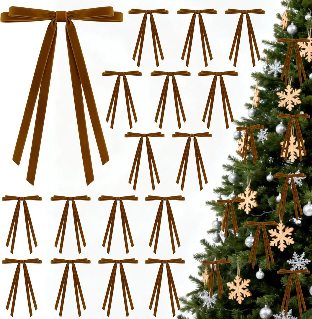 36 Pcs Christmas Bows for Tree, Brown Velvet Ribbon Bow for Christmas Tree, Pre-Tied Vintage Xmas Bows for Xmas Trees Wreaths Gifts Wedding Indoor Outdoor Decor, 5 x 7 Inch