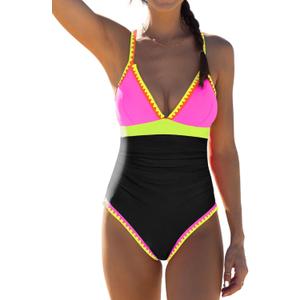 popvil One Piece Swimsuit 2025 Tummy Control Women Bathing Suit Shapewear Swimsuits Slimming Neon Cute Tie Back Swimwear (Small, Black4)