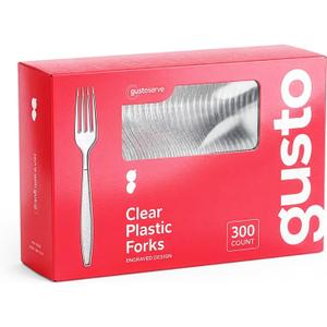GUSTO [300 Pack] Heavyweight Clear Plastic Forks with Engraved Design - Disposable Sturdy Plastic Utensils for Parties, Weddings, and Events (Formerly Comfy Package)