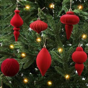 Syhood 6 Pcs Red Velvet Ornaments for Christmas Tree Flocked Matte Shatterproof Finials Christmas Tree Ball Ornaments Assorted for Xmas Home Wedding Holiday Party Decor