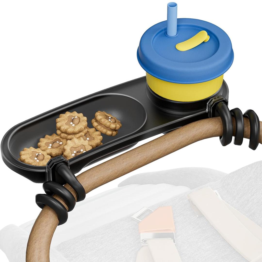 Universal Snack Tray for Stroller, Cup Holder Tray with Flexible Silicone Arm Gripper, Stays in Place Tray Attachment for Toddler & Kids, Snacking On The Go, Stroller Travel Accessories, Universal Fit, Dark Grey
