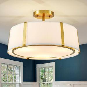 Shrine Lighting Drum Chandeliers, Modern Style, Perfect Ceiling Light Fixture for Living Space, D16'' x H9'', E12*3 Sockets, White Lampshade & Brass Finish