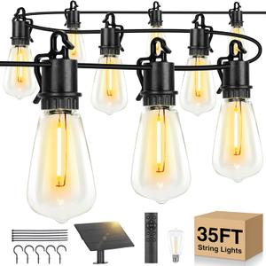 Solar String Lights Outdoor Waterproof 35FT with Shatterproof ST38 LED Bulbs, 2700K Solar Lights with Remote, Solar String Lights for Outside, Camping, Yard