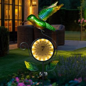 HONGLAND Outdoor Thermometer with Solar & Warm LED Lights, Metal Hummingbird Temperature Stake for Garden, Lawn, Patio, Waterproof Yard Decor