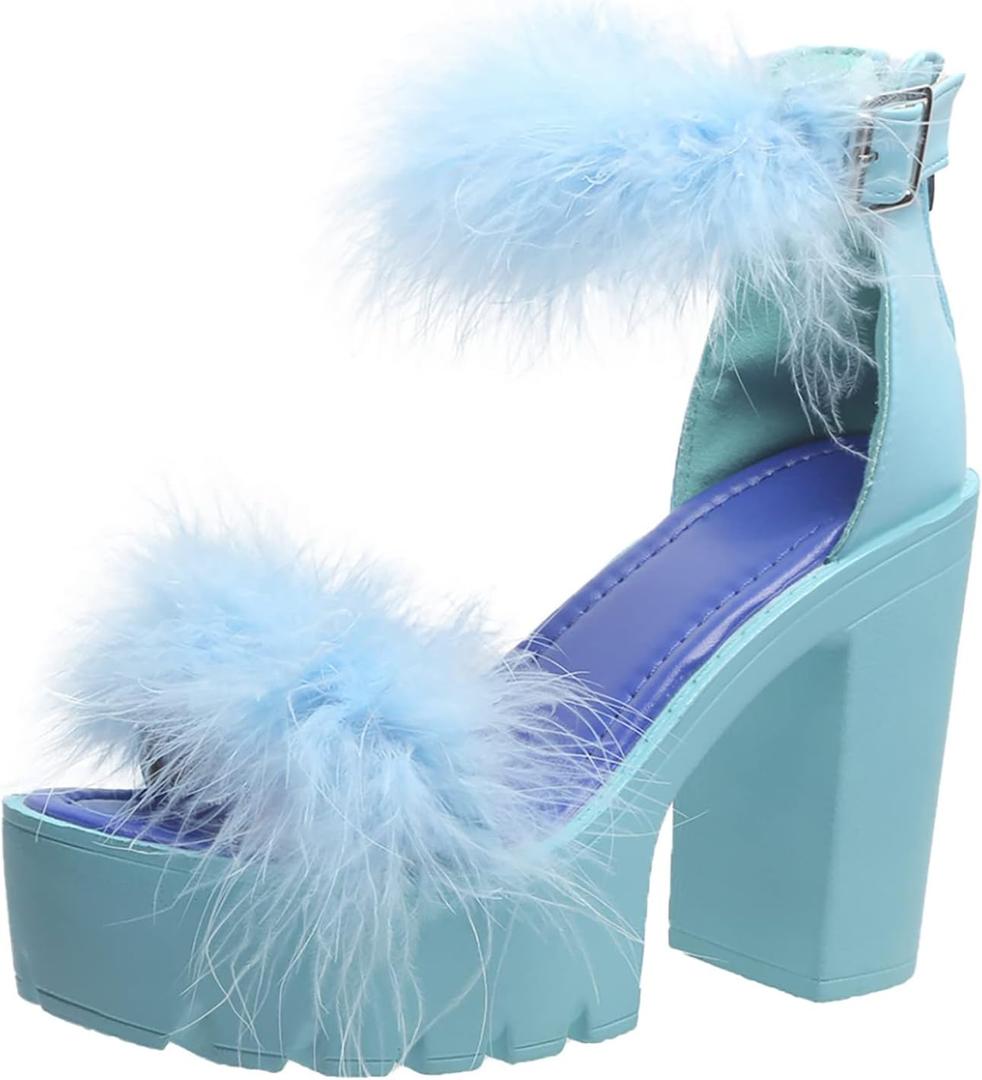 YSMIIH Women'S Faux Fur Chunky Heel Sandals Platform Open Toe Fuzzy Ankle Strap Sexy Colorful Wedding Dress Heels (6.5, Blue)