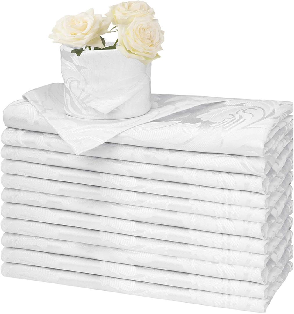 Eforcurtain Classic Damask Jacquard Cloth Napkins Waterproof Spillproof Polyester Fabric Napkins Pearl White for Hotel Use, Set of 12, 17 x 17 Inch