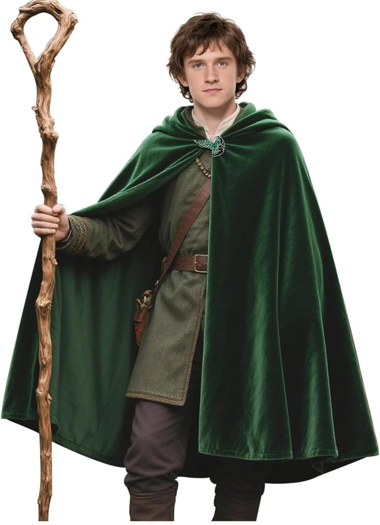 L'VOW Medieval Green Hobbit Cloak Renaissance Elf Hooded Cape wtih Leaf Brooch Clasp