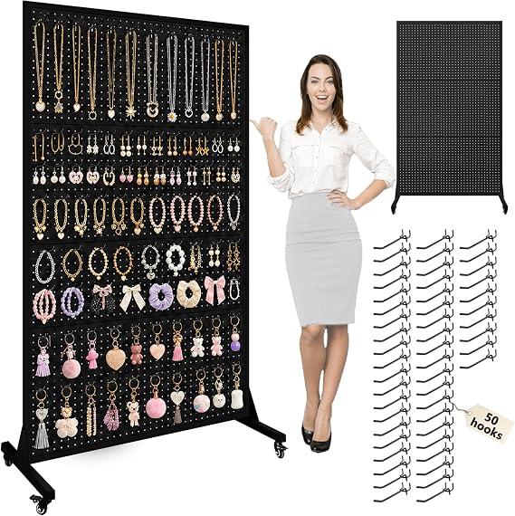 Royxen 3.6 x 6 Feet Metal Pegboard with 50 Hooks, Large Standing Pegboard Display with T-Base, Peg Board Display Stand with Wheels, Art Display Stand for Retail Stores Exhibitions Homes (Black)