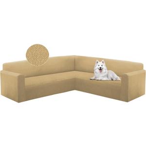 HDCAXKJ Sectional Couch Cover L Shape Stretch Sofa Covers Washable Jacquard Corner Couch Slipcover Non Slip Sectional Slip Cover U Shaped Furniture Protector for Pets Dogs (Tan, X-Large)