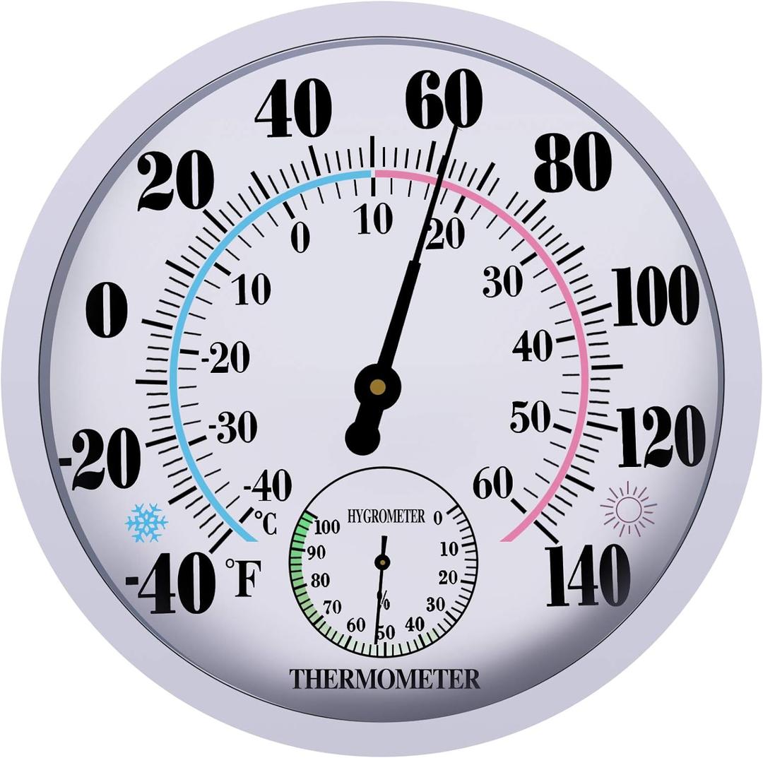 Indoor Outdoor Thermometer Hygrometer - Waterproof Hanging Wall Thermometer Decorative Outdoor Thermometer Large Numbers, No Battery Needed Outdoor Thermometers for Patio (10 Inch, White 10")