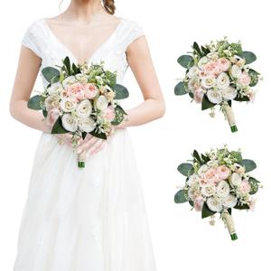 Bridesmaids Bouquets for Wedding - Set of 2 Realistic Artificial Rose Eucalyptus Silk Bride Flowers for Bridal Shower Ceremony Decorations - Pink