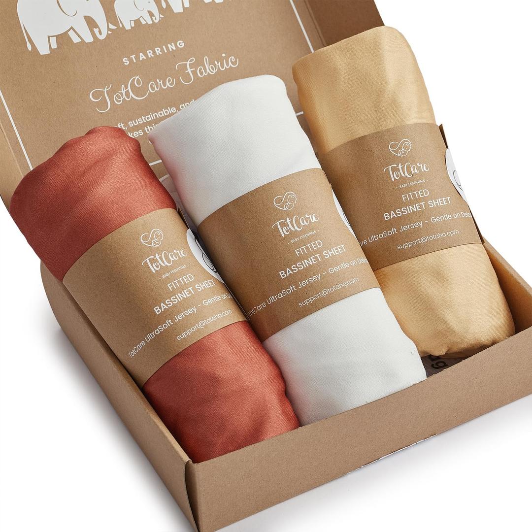 Bassinet Fitted Sheets 33x20 for Baby Beside Dreamer Bassinet & Bedside Sleeper - Buttery Soft, Premium Stretchy Jersey Knit Sheets - Burnt Orange+Mustard Yellow+ Gray, 3 Pack