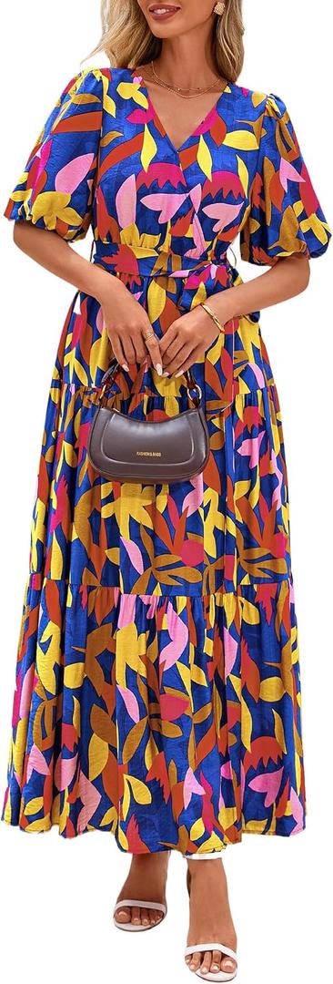 PRETTYGARDEN Women's Summer Maxi Dress 2026 Resort Wear Boho Floral V Neck Puff Short Sleeve Ruffle Flowy Beach Long Dresses (XXL)