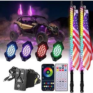 Kemimoto 2PCS 3FT Universal LED Whip Light and 4 PCS Rock Lights Combo