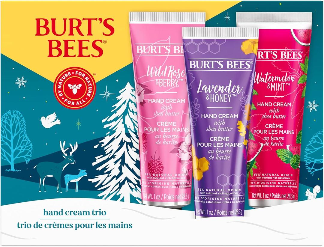 2 Boxes, Burt's Bees Christmas Gifts, 3 Body Skincare Stocking Stuffers, Shea Butter Hand Cream Trio Set - Lavender Honey, Watermelon Mint & Wild Rose Berry (3-Pack)