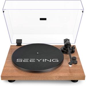 SeeYing Turntable Vinyl Record Player Support Bluetooth Output Phono/Line Switch Pitch Control with Pre-Installed Counterweight & Magnetic Cartridge, Belt Drive 2 Speed