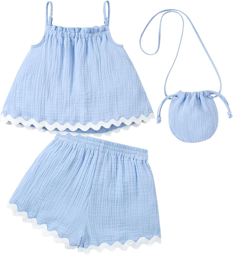 Toddler Girls Summer Outfits Baby's 100% Cotton 3 Pcs Short Sets Adjustable Strap Top Shorts with Matching Bag