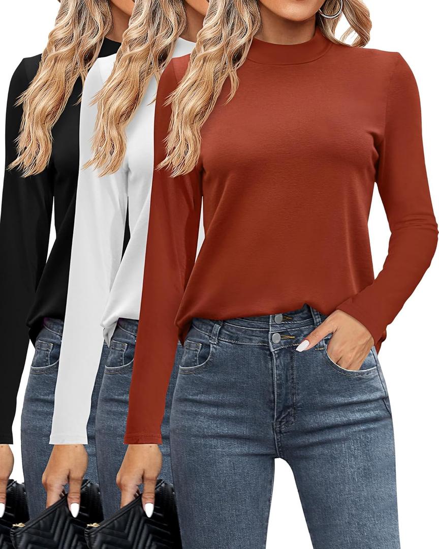 Ficerd 3 Pack Women's Mock Turtleneck Shirts, Long Sleeve Mock Neck Pullover Tops Slim Fitted Stretch Undershirt Tee Blouse (X-Large, Black, White, Pumpkin)