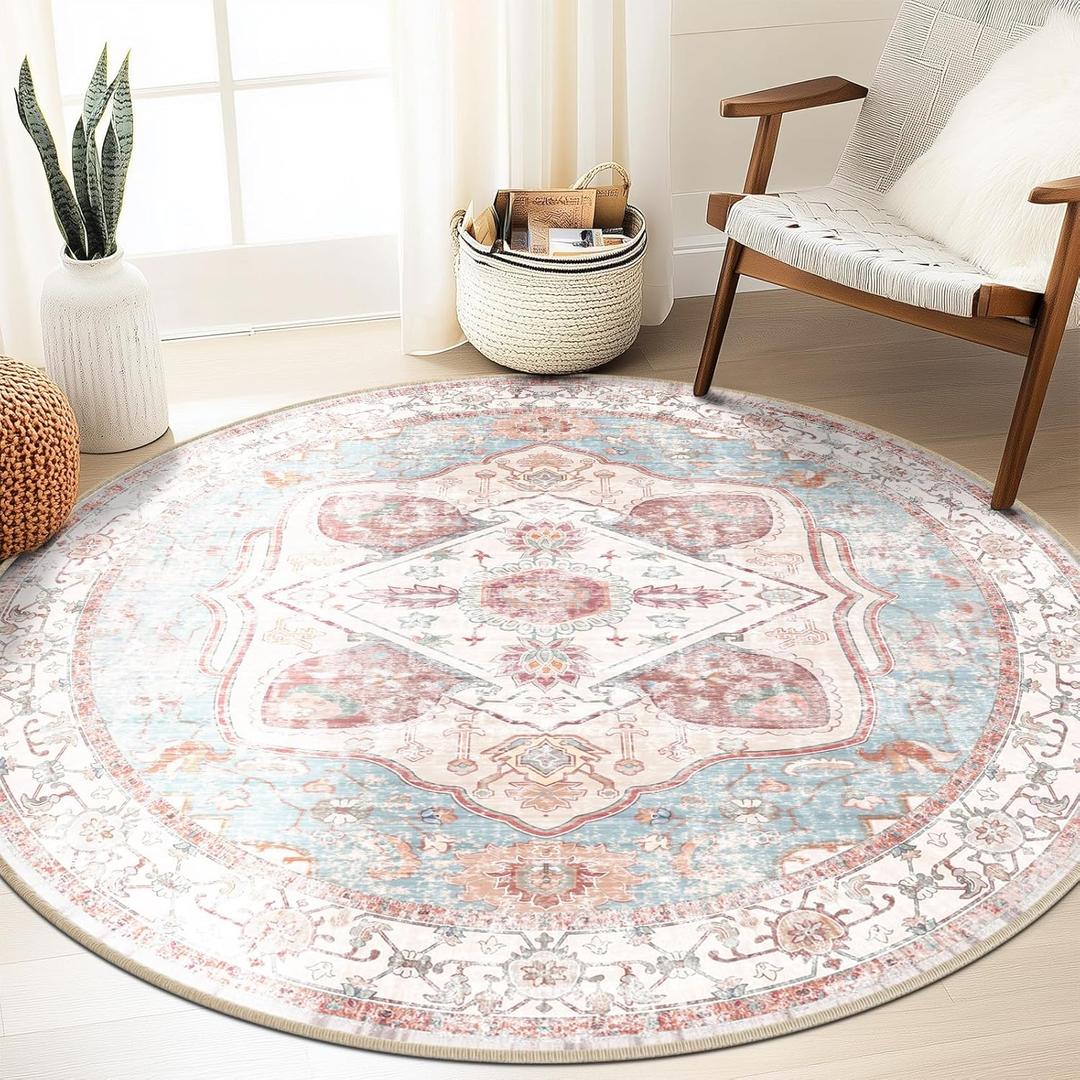 6ft Area Rug Vintage Machine Washable Low Pile Carpet No Shedding Area Rugs for Living Room Bedroom Dining Room Kitchen Entryway Hallway Office Indoor-Pink/Blue/Red/Orange