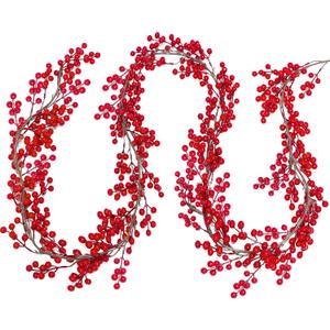 Lulu Home Red Berry Garland, 8.9FT Flexible Artificial Christmas Holly Berry Vine, Winter Berry Garland for Mantle Xmas Tree Window Door Hanging Indoor Outdoor Holiday Decoration (1)