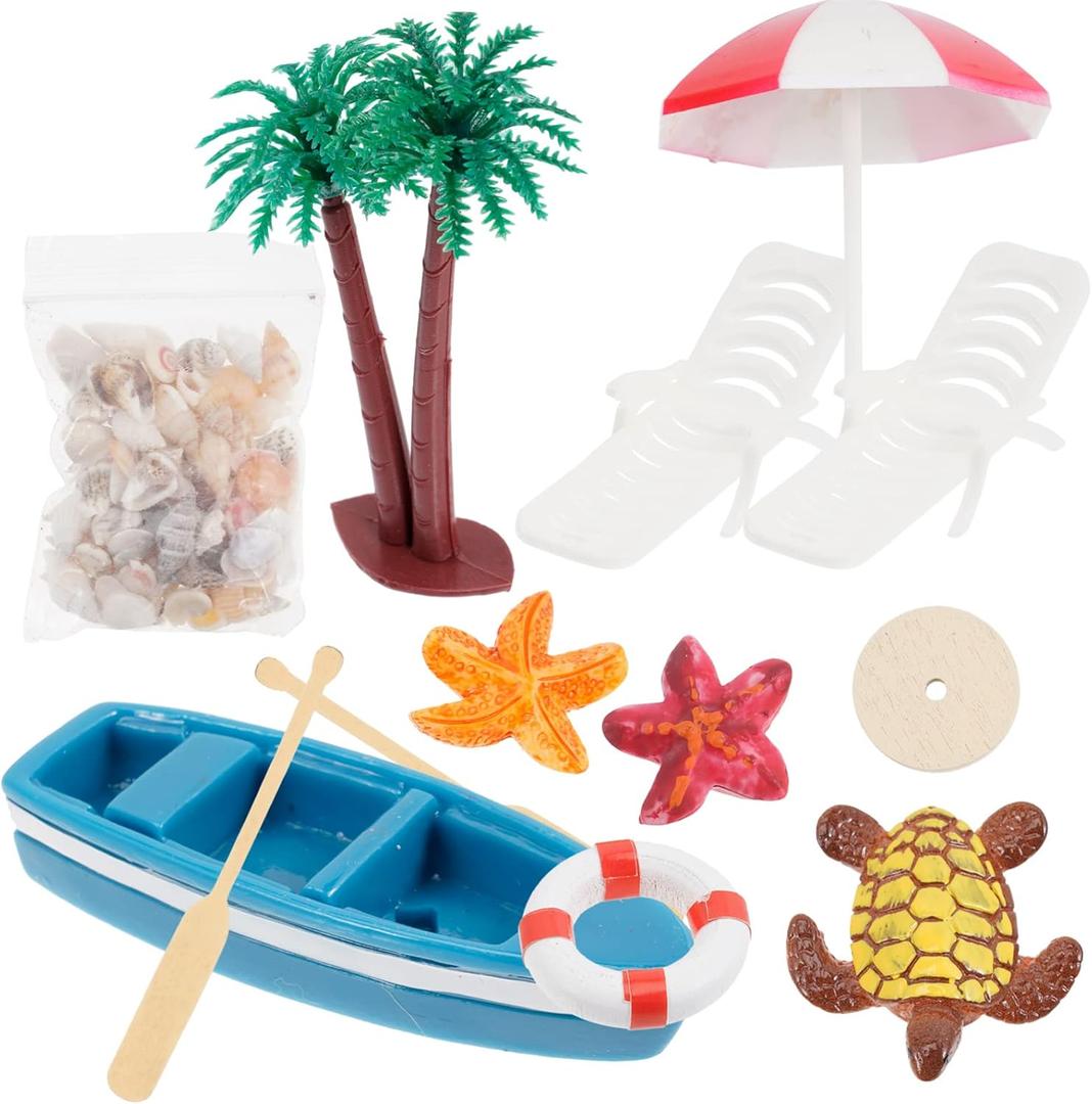 ABOOFAN 10Pcs Beach Miniature Dollhouse Decoration Beach Chair Palm Tree Miniature Ornament Kits Accessories Statues for DIY Fairy Garden Cake Topper