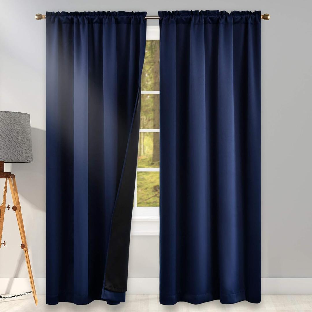KEQIAOSUOCAI 100 Blackout Navy Blue Curtains for Bedroom 84 Inches Long - Thermal Insulated Rod Pocket Curtains for Living Room-Noise Reduce & Energy Saving Double Layer Curtains 2 Panel