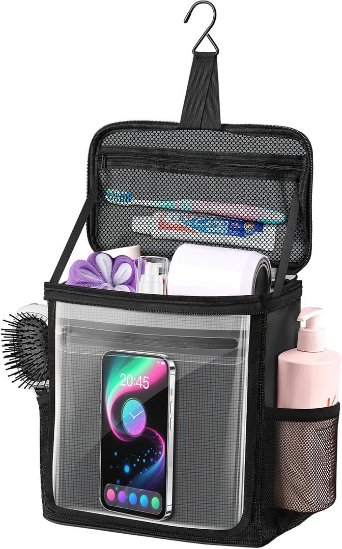 Hanging Shower Caddy Portable, Travel Toiletry Bag for Men & Women, Large Capacity with Hook,Dorm Room Essentials With Waterproof Phone Compartment, for Bathroom, Picnic, Gym, Travel(Black)