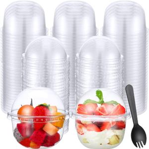 200 Pack Clear Plastic Cups 9 oz Dessert Yogurt Parfait Banana Pudding Pet Disposable Cups with 200 Pcs Sporks for Fruit Ice Cream Party (U Shaped Bottom)