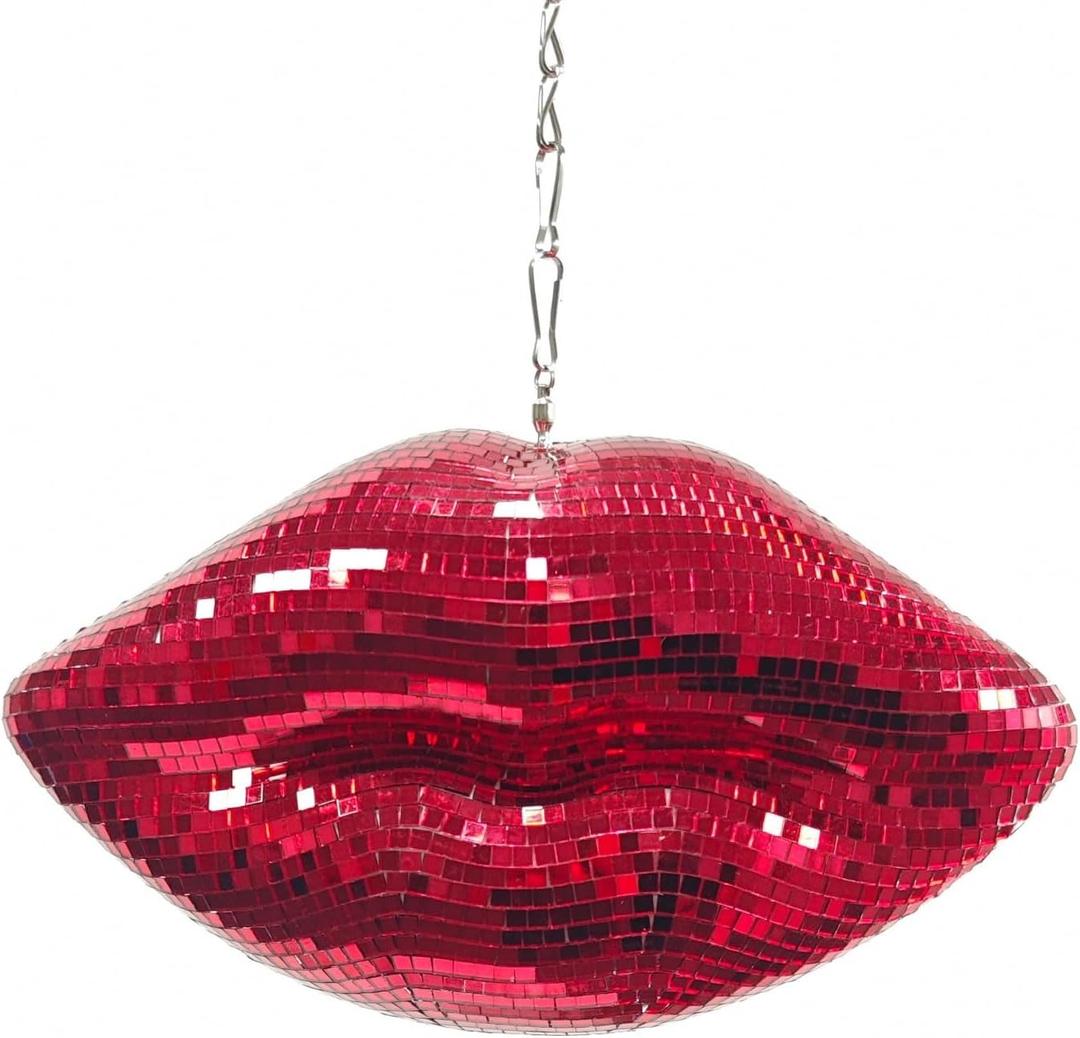 Hanging Disco Red Mirrored Lips, 9" L x 3.14'' W x 5.1''H, Cute Reflective Mirrored Lips Kiss Art Decor for Christmas Holiday, Weddings,Parties, Home,Office, Sparkly Handmade Gift, Red