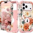 PIXIU Unique Flower Pattern Compatible with iPhone 17 Pro 6.3 inch case,Heavy Duty Dual Layer Shockproof Full-Body Protective Sturdy Hybrid Cute Rugged Case for Women,Girls,Kids-White/Orange (A14)