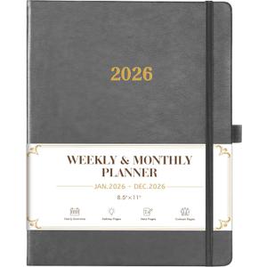 2026 Planner - Weekly and Monthly Planner 2026, 8.5"x11", Jan.2026 - Dec.2026, Leather Hardcover, 12 Monthly Tabs, Pen Loop, Elastic Closure, Pocket, Grey