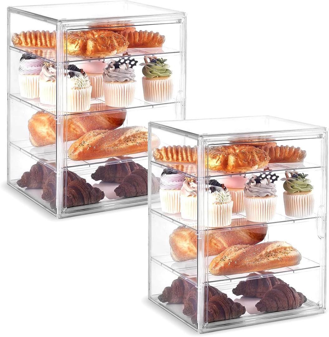 Pastry Display Case, Large Bread Box for Kitchen Countertop, 4 Layers Adjustable Bakery Display Case, Clear Breadbox for Baked Goods Cookie Dessert Cupcake Kitchen Counter, 2 Pack