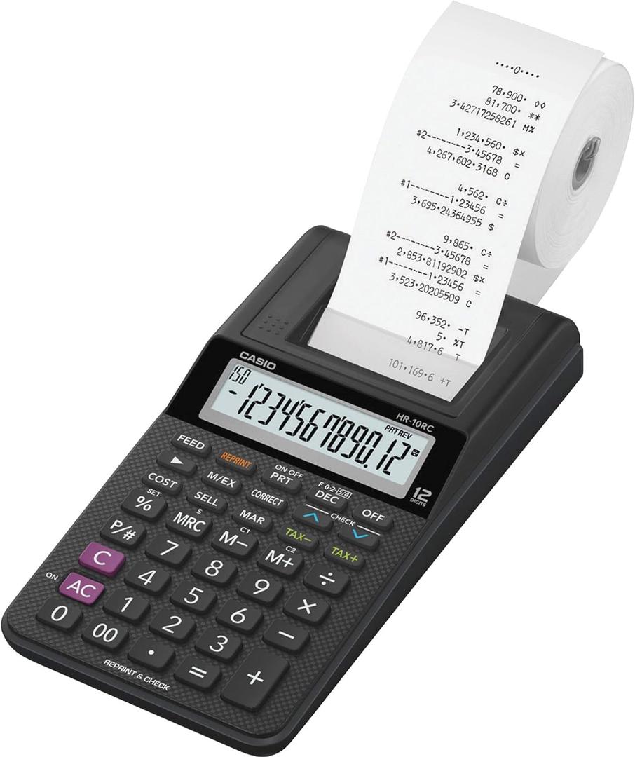 Casio HR10RC Mini Desktop Printing Calculator | Portable | 12Digit Display | OneColor Printer | Tax & Currency | Ideal for Taxes, Bookkeeping & Accounting Tasks, Black