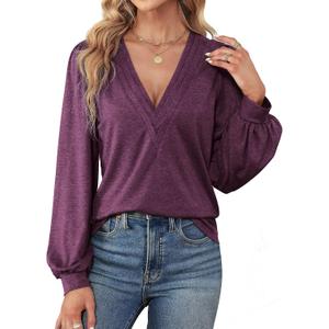 Agnes Urban Womens V Neck Long Sleeve Tops Dressy Casual Fall Shirts Puff Sleeve Loose Tunic Trendy Tops Blouses (Purple, M)
