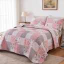 Oversized Alaska King Size Quilt Set Pink Grey Floral Plaid Patchwork Quilt 132x120 Extra Wide Super Reversible Quilted Bedspread Coverlet 3-Piece Comforter Bedding Set Bed Cover with 2 Pillow Shams