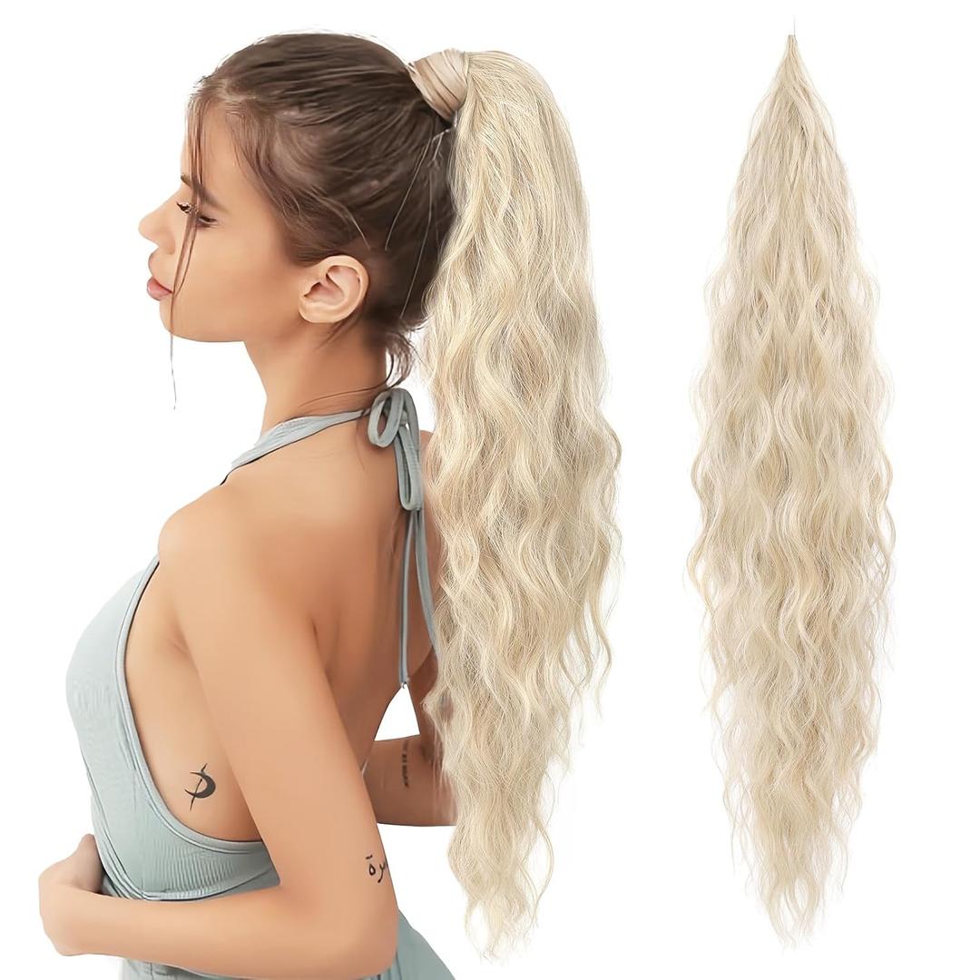 FLUFYMOOZ Ponytail Extension, Flexible Wrap Around Ponytail Extension Long Wavy Curly Ponytail Hair Extensions Natural pony tail Synthetic Hairpiece for Women 32 Inch (Cool Blonde)