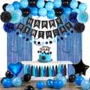 Blue and Black Happy Birthday Party Decorations Kit for Boys Men Women with Happy Birthday Banner, Fringe Curtain,Foil Balloons,Cake Topper for Birthday Decor, Blue Black