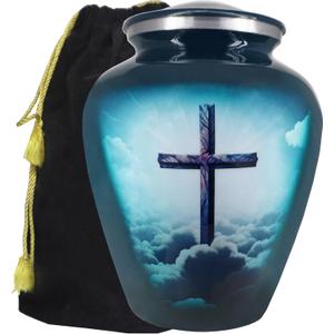 M MEILINXU Cremation Urns for Human Ashes Adult Female & Male, Funeral Urn for Ashes for Women & Man, Soulful Religion Cross, Burial, Decorative Urns, Religious Crosses, Turquoise  Large Full Size