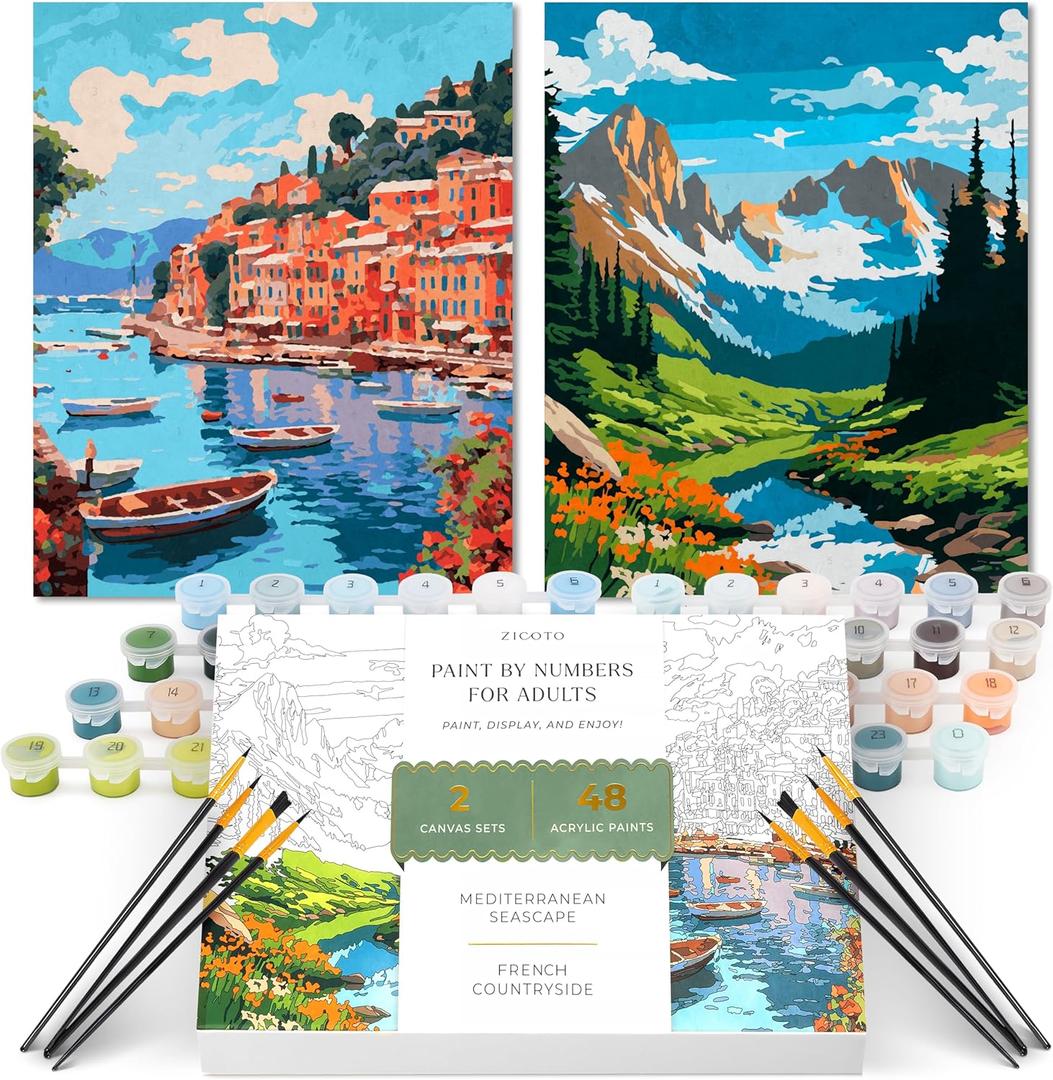 Zicoto Beautiful Paint By Number Kit for Adults - Relaxing & Beginner-Friendly Painting Set with 2 Canvases, Premium Brushes & Vibrant Acrylic Colors - Perfect Crafts Gift for Women to Create Wall-Worthy Art