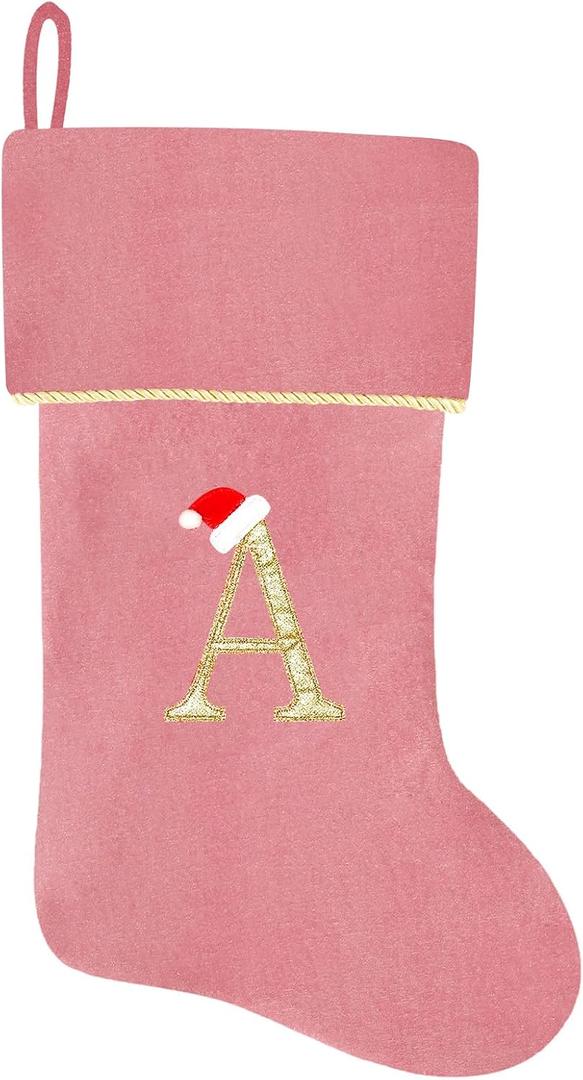 Subyan 20 Inches Initial Monogram Pink Christmas Stocking, Personalized Large Embroidered Letter Velvet Christmas Stocking with Gold Trim Decoration for Family Christmas Holiday Party Decor(Letter A)