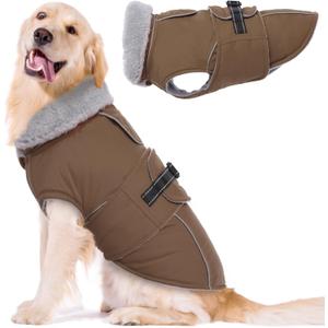 Lelepet Warm Dog Coats for Large Dogs Waterproof Dog Jacket Reflective Pet Fleece Vest Windproof Cold Weather Coats with Adjustable Buckle & Leash Hole, Brown, XL
