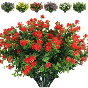 RECUTMS Artificial Flowers Outdoor Fake Flowers8 Bundles Outside Face Mums Fake Summer Greenery UV Resistant No Fade Faux Plastic Lotus Shrubs Home Garden Porch Patio Decoration Office (Orange Red)