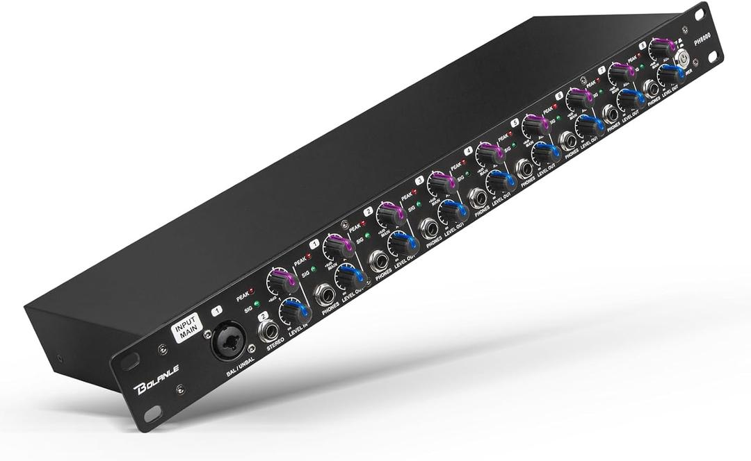 Bolanle PH8000 8-Channel Headphone Amplifier, High-Power Stereo Distribution Amp with Independent Volume Controls, 1U Rackmount for Studio Recording, Live Sound, Broadcasting, and Multi-User Monitorin